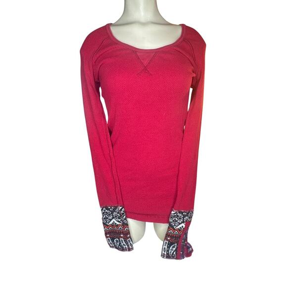 Free People Large Waffle Knit Long Sleeve Top Red Round Neck Sleeve Cuff Accent - Picture 1 of 8